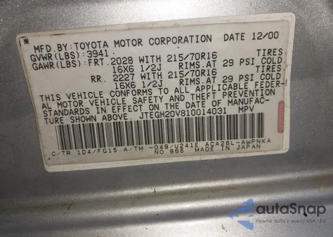 2001 Toyota Rav4 из США, поврежденный, VIN JTEGH20V810014031